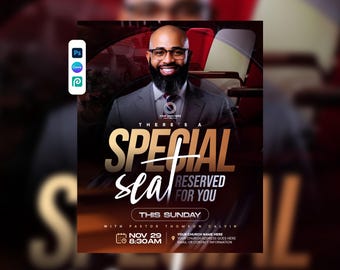 Può includere: Un volantino per un evento in chiesa con un uomo sorridente in giacca e cravatta e occhiali. Il testo recita: THERE'S A SPECIAL SEAT RESERVED FOR YOU, THIS SUNDAY, WITH PASTOR THOMSON CALVIN, NOV 29 8:30AM, YOUR CHURCH NAME HERE, YOUR CHURCH ADDRESS GOES HERE.