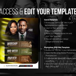 May include: A digital flyer template featuring a portrait of a couple, Justice and Tarina Odinga, with text for worship services, mid-week services, and prayer meetings. The design includes instructions for editing via Canva and Adobe Photoshop.