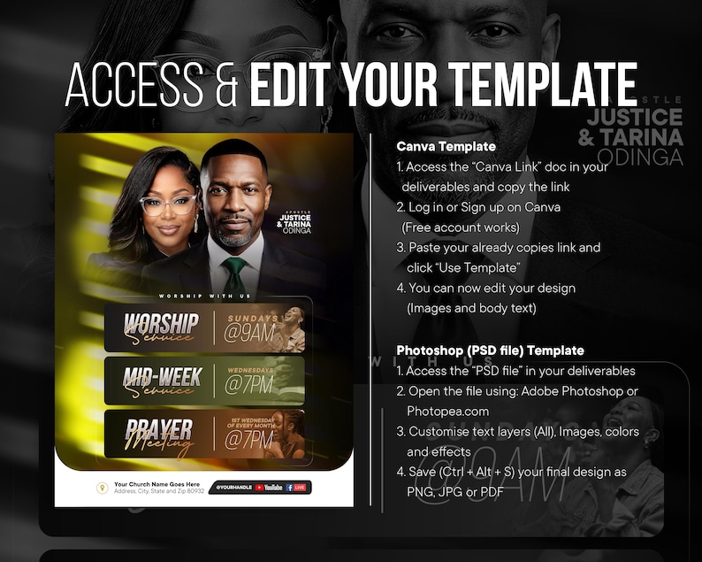 May include: A digital flyer template featuring a portrait of a couple, Justice and Tarina Odinga, with text for worship services, mid-week services, and prayer meetings. The design includes instructions for editing via Canva and Adobe Photoshop.