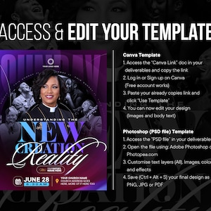 May include: A digital flyer template for a church event titled Understanding the New Reality, featuring a portrait of a person in clerical attire, event details for June 28 at 8:30 AM, and instructions for editing the design in Canva or Photoshop.