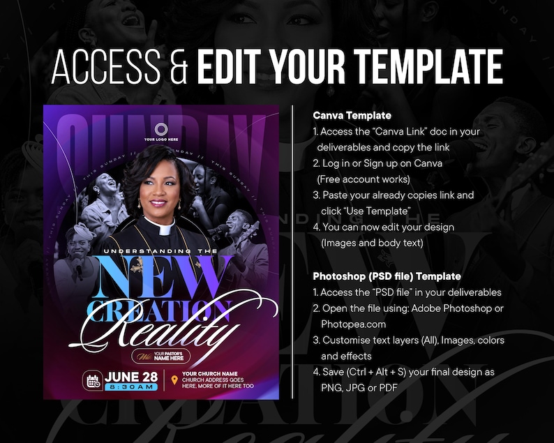 May include: A digital flyer template for a church event titled Understanding the New Reality, featuring a portrait of a person in clerical attire, event details for June 28 at 8:30 AM, and instructions for editing the design in Canva or Photoshop.