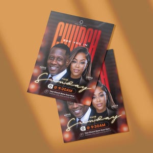 May include: Two rectangular church event flyers featuring a portrait of a man and a woman. The text reads CHURCH, SEE YOU IN THIS SUNDAY @ 9:30AM, Your Church Name Goes Here, Address, City, State and Zip 80132, and names Justice Oringa.