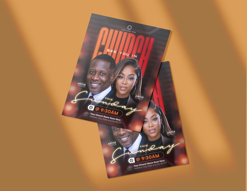 May include: Two rectangular church event flyers featuring a portrait of a man and a woman. The text reads CHURCH, SEE YOU IN THIS SUNDAY @ 9:30AM, Your Church Name Goes Here, Address, City, State and Zip 80132, and names Justice Oringa.