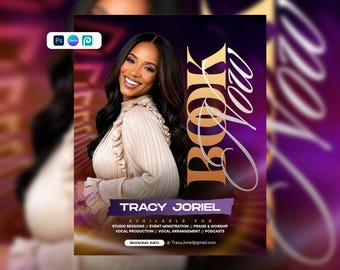 May include: A digital flyer featuring a smiling person with long dark hair wearing a beige ruffled blouse. The text reads BOOK NOW, TRACY JORIEL, and lists services including studio sessions, event ministration, and vocal production with an email address.