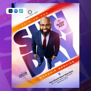May include: A digital flyer for a Sunday worship service featuring a man in a navy blue suit and red tie. The text includes Join Us For Sunday, 9:00 AM, Pastor Calvin Goodmanson, and placeholders for church name, address, and zip code 22912.