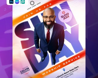 Sunday Worship Service Flyer Template | Editable Canva & Photoshop PSD | Church poster design | Digital product