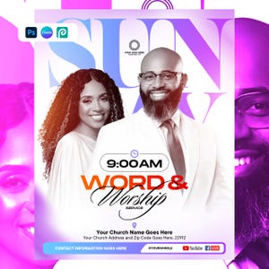 Op de afbeelding: Promotieflyer met een paars en wit ontwerp. Het toont twee lachende mensen, het woord "ZONDAG", de tijd "9:00 AM" en de tekst "WORD & WORSHIP SERVICE". Contactgegevens en social media-iconen zijn ook opgenomen.