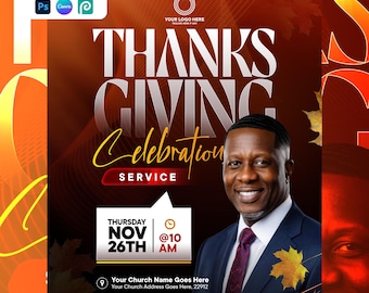 Thanksgiving Service Flyer Template | Editable Canva & Photoshop PSD | Harvest Service Design