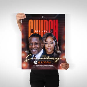 May include: A rectangular church event flyer featuring the bold red text CHURCH and SEE YOU IN. It displays portraits of a man and a woman, the script text THIS Sunday, and the details @ 9:30AM, Your Church Name Goes Here, and address information.