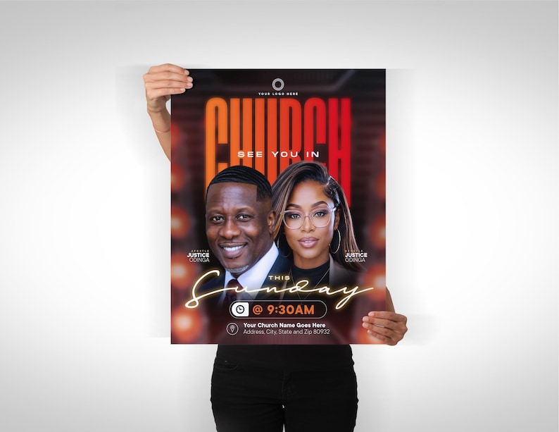 May include: A rectangular church event flyer featuring the bold red text CHURCH and SEE YOU IN. It displays portraits of a man and a woman, the script text THIS Sunday, and the details @ 9:30AM, Your Church Name Goes Here, and address information.