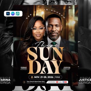 May include: A church event flyer featuring a portrait of two individuals with the text "SEE YOU IN CHURCH", "THIS SUNDAY", "APOSTLE TARINA ODINGA", "APOSTLE JUSTICE ODINGA", and "NOV. 21-28, 2026 | 9AM". The design includes icons for location, date, and social media.