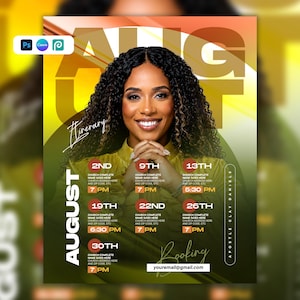 May include: A digital event flyer template for August featuring a smiling person with long dark curly hair. The layout includes text fields for dates, times, and church locations, with the name Apostle Clay Daniels and an email address at the bottom.