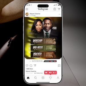 May include: A smartphone displaying an Instagram post from Rybom Creative featuring a church event flyer with photos of two people, Justice and Tarina Odinga, and text detailing worship services at 9AM Sundays and 7PM Wednesdays and prayer meetings.