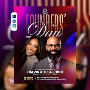 Peut inclure: Un dépliant numérique pour le Founders' Day montrant un homme et une femme. Le texte indique Founders' Day, Celebrating Our Pastors, Calvin & Tesa Lodin, Senior Pastor & First Lady, Sept 17 7:00 PM, Your Church Name Goes Here et Your Church Address.