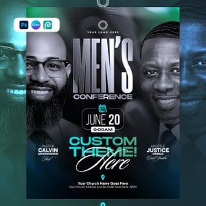 May include: A digital flyer for a Men's Conference on June 20 at 9:00 AM. The design features portraits of two men, one with a beard and glasses, and the other clean-shaven. Text includes Pastor Calvin Goodmanson, Apostle Justice Odinga, and placeholders for a logo, church name, and address.