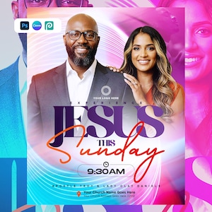 May include: A promotional poster with two smiling people, a man and a woman, against a purple and pink background. The text reads "EXPERIENCE JESUS THIS Sunday 9:30 AM". The poster includes a logo placeholder and contact information.