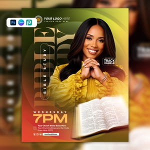 May include: A digital flyer template for a Bible study event featuring a person in a mustard yellow ruffled top, an open Bible, and text including "BIBLE STUDY," "WEDNESDAY 7PM," and "APOSTLE TRACY DANIELS" against a green and orange gradient background.