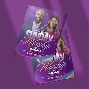 Pode incluir: Dois folhetos roxos com o texto "JOIN US FOR SUNDAY Worship 9:30 AM" e imagens de um homem e uma mulher. Os folhetos t&ecirc;m um design gradiente com um esquema de cores roxo e rosa. A parte inferior dos folhetos inclui o texto "APOSTLE TROY & LADY CLAY DANIELE".