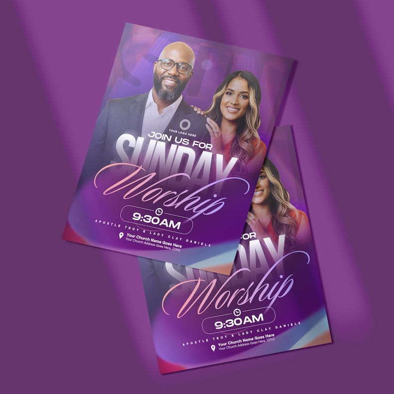 Pode incluir: Dois folhetos roxos com o texto "JOIN US FOR SUNDAY Worship 9:30 AM" e imagens de um homem e uma mulher. Os folhetos t&ecirc;m um design gradiente com um esquema de cores roxo e rosa. A parte inferior dos folhetos inclui o texto "APOSTLE TROY & LADY CLAY DANIELE".