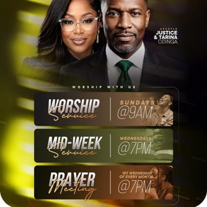 May include: A digital flyer featuring Apostle Justice and Tarina Odinga. Text includes Worship Service Sundays at 9AM, Mid-Week Service Wednesdays at 7PM, and Prayer Meeting 1st Wednesday of every month at 7PM. Includes placeholders for church name and address.