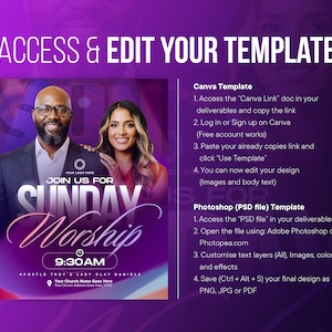 Pode incluir: Um modelo de design gr&aacute;fico roxo e rosa com o texto "ACCESS & EDIT YOUR TEMPLATE". Inclui instru&ccedil;&otilde;es para Canva e Photoshop, e apresenta duas pessoas e as palavras "SUNDAY Worship 9:30 AM."