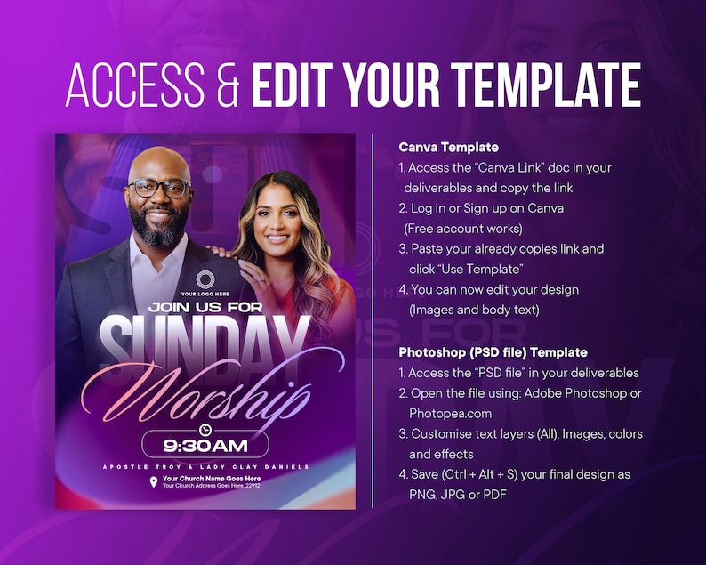 Pode incluir: Um modelo de design gr&aacute;fico roxo e rosa com o texto "ACCESS & EDIT YOUR TEMPLATE". Inclui instru&ccedil;&otilde;es para Canva e Photoshop, e apresenta duas pessoas e as palavras "SUNDAY Worship 9:30 AM."