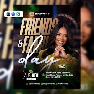 Peut inclure: Un modèle de flyer numérique pour un service religieux Friends and Family Day avec une personne souriante en haut jaune. Le texte indique Friends and Family Day, Apostle Tracy Daniels, 8 août à 9h30, avec des espaces pour le nom, l'adresse et les réseaux sociaux.