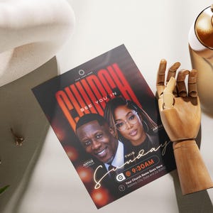 May include: A rectangular church event flyer featuring a portrait of a man and a woman with the bold red text CHURCH, the white text SEE YOU IN THIS SUNDAY, and the time 9:30AM. The flyer includes placeholders for a logo, names, and address.