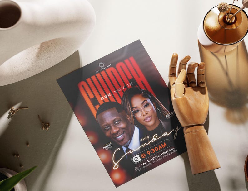 May include: A rectangular church event flyer featuring a portrait of a man and a woman with the bold red text CHURCH, the white text SEE YOU IN THIS SUNDAY, and the time 9:30AM. The flyer includes placeholders for a logo, names, and address.