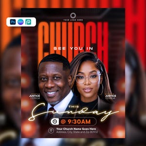 May include: A digital flyer template for a church event featuring the text CHURCH, SEE YOU IN, THIS Sunday @ 9:30AM, APOSTLE JUSTICE ODINGA, and placeholders for a logo, church name, and address. The design includes portraits of two individuals.