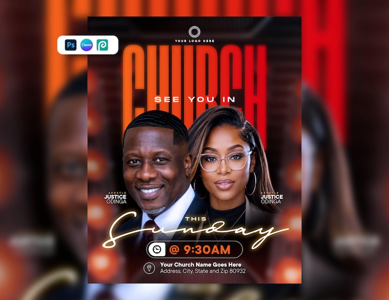 May include: A digital flyer template for a church event featuring the text CHURCH, SEE YOU IN, THIS Sunday @ 9:30AM, APOSTLE JUSTICE ODINGA, and placeholders for a logo, church name, and address. The design includes portraits of two individuals.