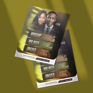 May include: A church event flyer featuring a portrait of a couple, Justice and Tarina Odinga, with text detailing Worship Service at 9AM, Mid-Week Service at 7PM, and Prayer Meeting at 7PM. The design includes placeholders for church name and social media.