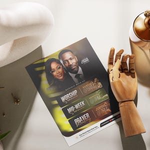 May include: A rectangular church event flyer featuring a portrait of a couple, with text detailing Worship Service on Sundays at 9AM, Mid-Week Service on Wednesdays at 7PM, and Prayer Meeting on Wednesdays at 7PM, including space for church name and address.
