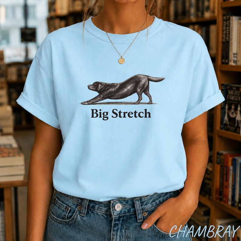 K&ouml;nnte beinhalten: Ein hellblaues T-Shirt mit einer schwarz-wei&szlig;en Illustration eines sich streckenden Hundes und dem darunter gedruckten Text "Big Stretch". Das Shirt hat kurze &Auml;rmel, einen Rundhalsausschnitt und wird mit einer goldenen Kette getragen.