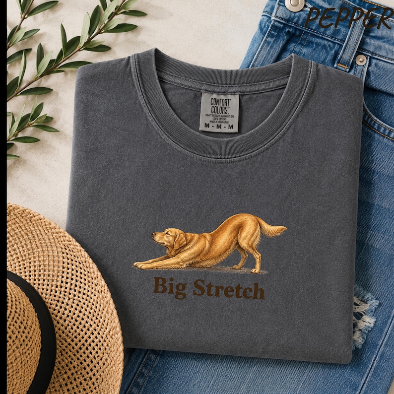 May include: A charcoal gray t-shirt featuring a graphic of a golden-colored dog in a stretching pose with the text "Big Stretch" printed below in brown. The shirt has a crew neckline and a Comfort Colors brand label on the inside collar.