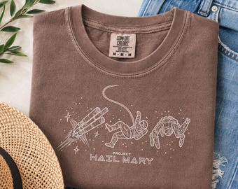 Minimalist Space Line Art Shirt Project Hail Mary, Spaceship Astronaut Rocky Graphic Tee, Sci-Fi Reader Style, Comfort Colors® Fan Gift