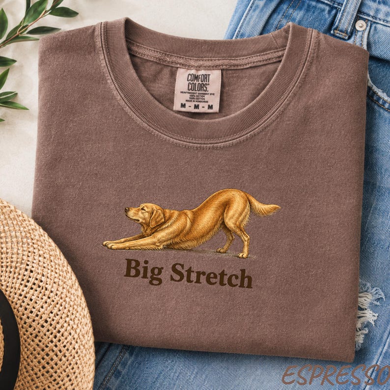 May include: A brown crew neck t-shirt featuring a graphic of a golden-colored dog in a stretching pose. Below the dog, the text reads Big Stretch in a dark brown font. The shirt has a Comfort Colors brand label on the inside of the collar.
