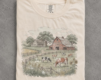 Vintage Bauernhof Shirt, Holstein Kuh Bauernhaus T-Shirt, Rustikale Landleben Grafik, Sonnenblumen Scheunen Szene, Bauernhof Mädchen Geschenk