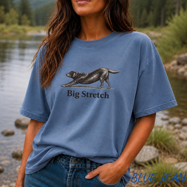 K&ouml;nnte beinhalten: Ein staubblaues T-Shirt mit Rundhalsausschnitt und einer grafischen Illustration eines schwarzen Hundes in Dehnposition. Unter dem Hund ist der Text "Big Stretch" in einer dunklen, fetten, serifenlosen Schrift gedruckt. Das Shirt hat kurze &Auml;rmel.