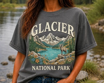 Glacier National Park Tee, Vintage Mountain Shirt, Bighorn Sheep Graphic, Retro Wildflower Nature Shirt, Montana Hiking Gift,