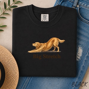 May include: A black t-shirt featuring a graphic of a golden-colored dog in a stretching pose. Below the dog, the text "Big Stretch" is printed in a brown font. The shirt has a white inner neck label with the text "Comfort Colors" and "M-M-M".