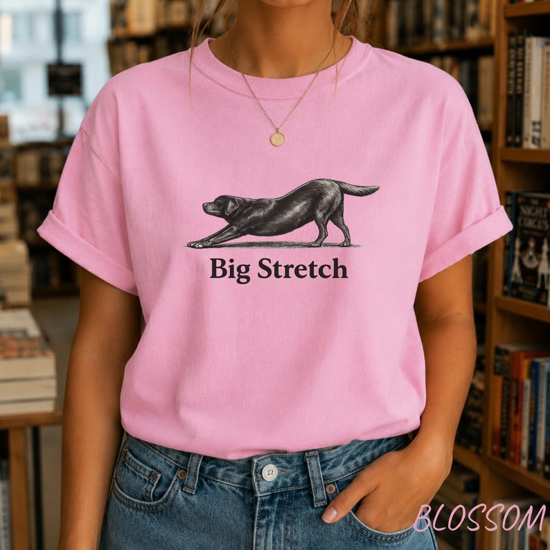 K&ouml;nnte beinhalten: Ein hellrosa T-Shirt mit kurzen &Auml;rmeln und einer schwarz-wei&szlig;en Illustration eines schwarzen Hundes in einer Dehnpose. Unter dem Hund ist der Text "Big Stretch" in einer fetten, schwarzen Serifenschrift gedruckt. Das T-Shirt hat einen Rundhalsausschnitt.