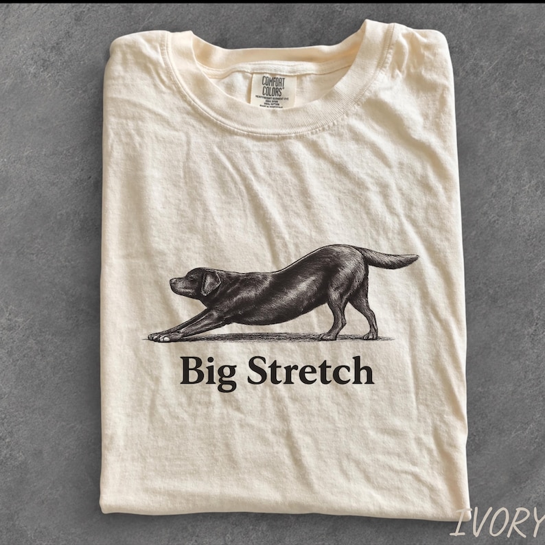 K&ouml;nnte beinhalten: Ein elfenbeinfarbenes T-Shirt mit Rundhalsausschnitt und einer schwarzen Illustration im Tintenstil, die einen sich streckenden Hund zeigt. Unter dem Hund steht der Text "Big Stretch" in einer fetten, schwarzen Serifenschrift. Comfort Colors Etikett.