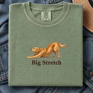 May include: A sage green crew neck t-shirt featuring a graphic of a golden-colored dog in a stretching pose. Below the dog, the text "Big Stretch" is printed in dark brown letters. The shirt has a Comfort Colors brand label at the neckline.