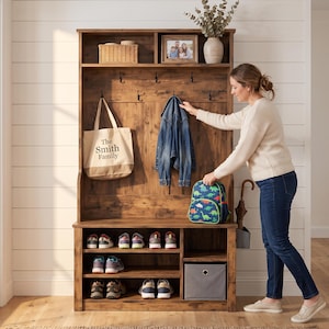 Rustic Hall Tree with Storage Bench, 3-in-1 Entryway Coat Rack| Adjustable Shoe Shelf| Farmhouse Mudroom Furniture