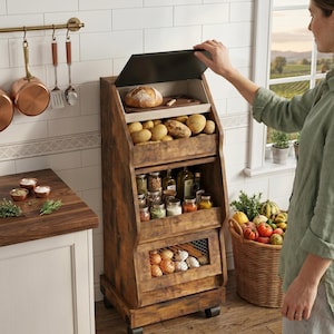 May include: A tall, rustic wooden kitchen storage unit on wheels with three tiers. The top tier holds potatoes and a loaf of bread, the middle tier contains various glass jars, and the bottom tier features a wire mesh front filled with onions and garlic.