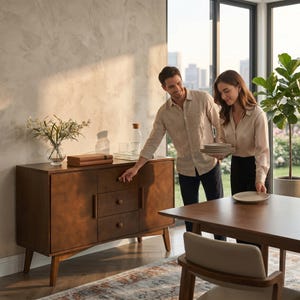 May include: A mid-century modern style brown wooden sideboard with two doors and three drawers. A man is opening the door while a woman holds a stack of plates. A dining table and chairs are in the foreground.