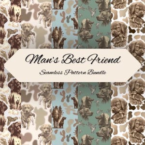 Peut inclure: Un ensemble de motifs sans couture avec des illustrations de chiens, notamment des chiots Labrador, des chiens de chasse et des portraits de chiens. Les motifs utilisent du marron, du beige et du bleu, avec le texte "Man's Best Friend" et "Seamless Pattern Bundle".