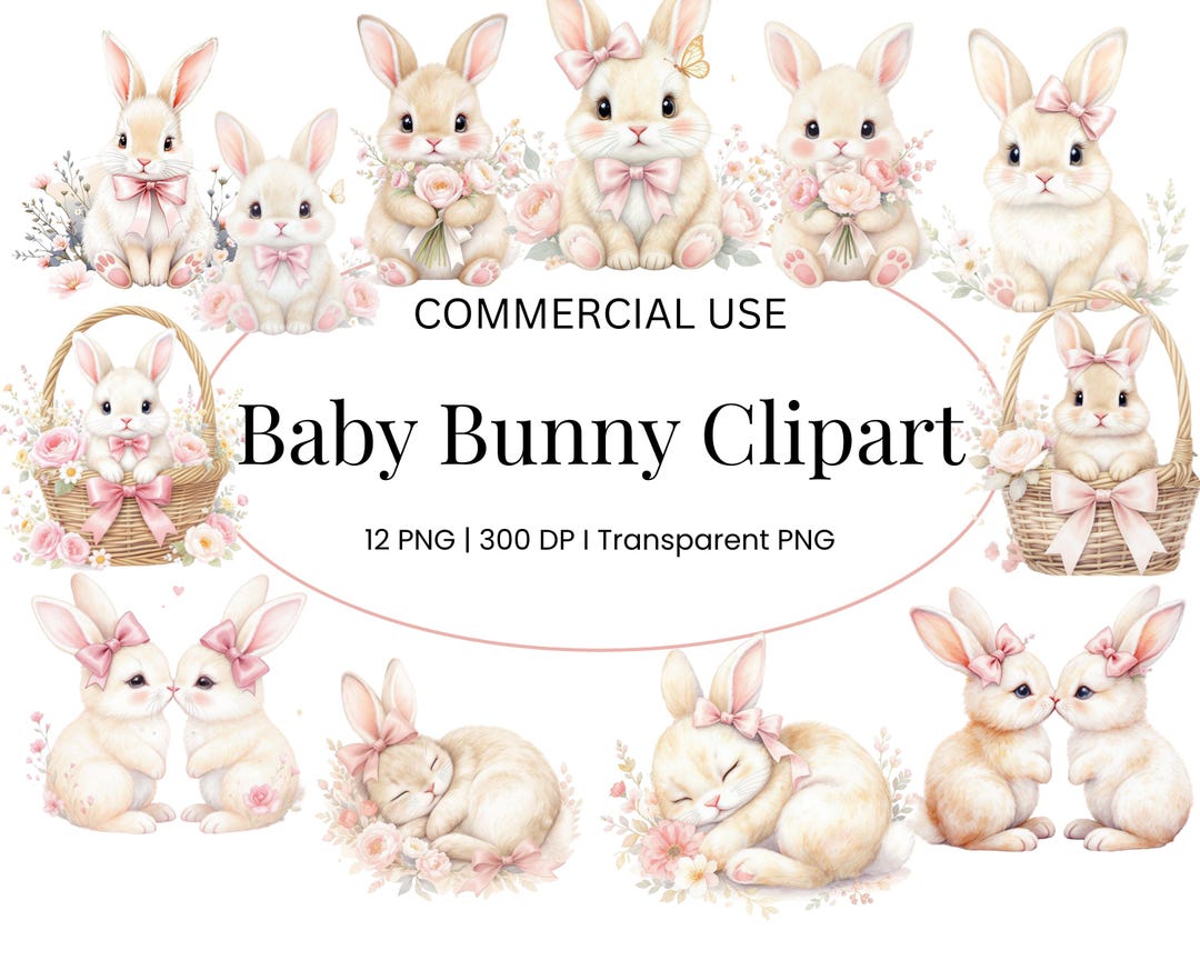 Baby Bunny Watercolor Clipart PNG | Cottagecore Nursery Art | Floral ...