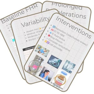 Könnte beinhalten: Eine Sammlung von Karteikarten mit medizinischen Informationen. Die Karten zeigen Text über fetale Herzfrequenz, Variabilität und Interventionen. Bilder von medizinischen Geräten und Verfahren sind ebenfalls vorhanden. Der Text "0,25mg dose" ist sichtbar.